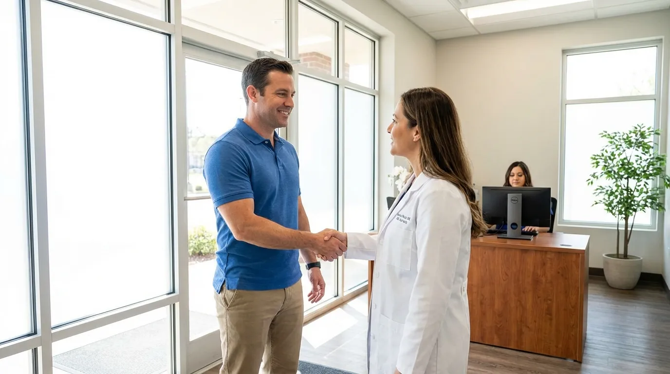 A smiling man shakes hands with a doctor in a bright clinic, a welcoming first step for many men exploring TRT.