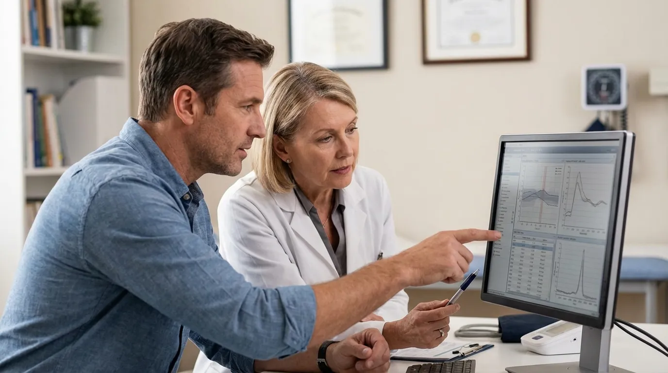 A man and his doctor review medical graphs on a computer screen, a crucial discussion when exploring testosterone replacement therapy.