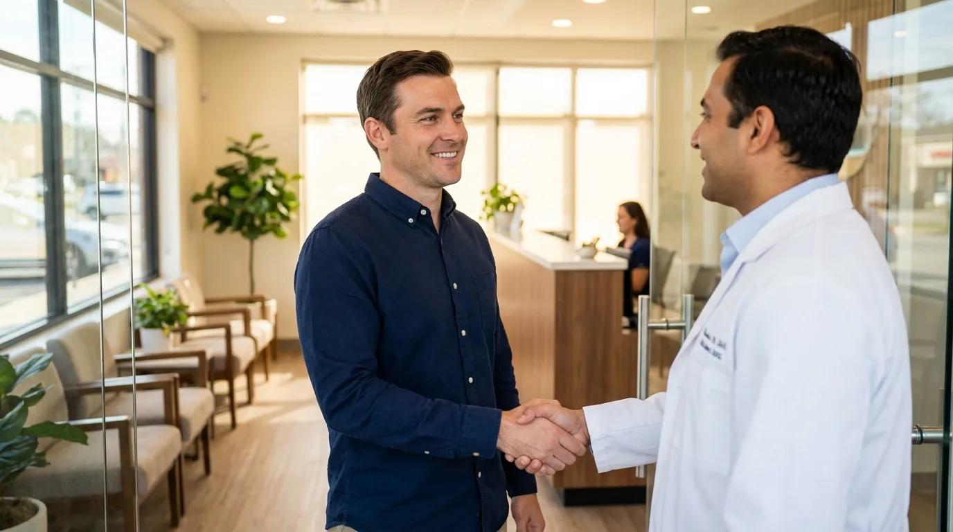 A smiling man shakes hands with a doctor in a bright clinic, beginning his journey toward improved well-being with testosterone therapy.