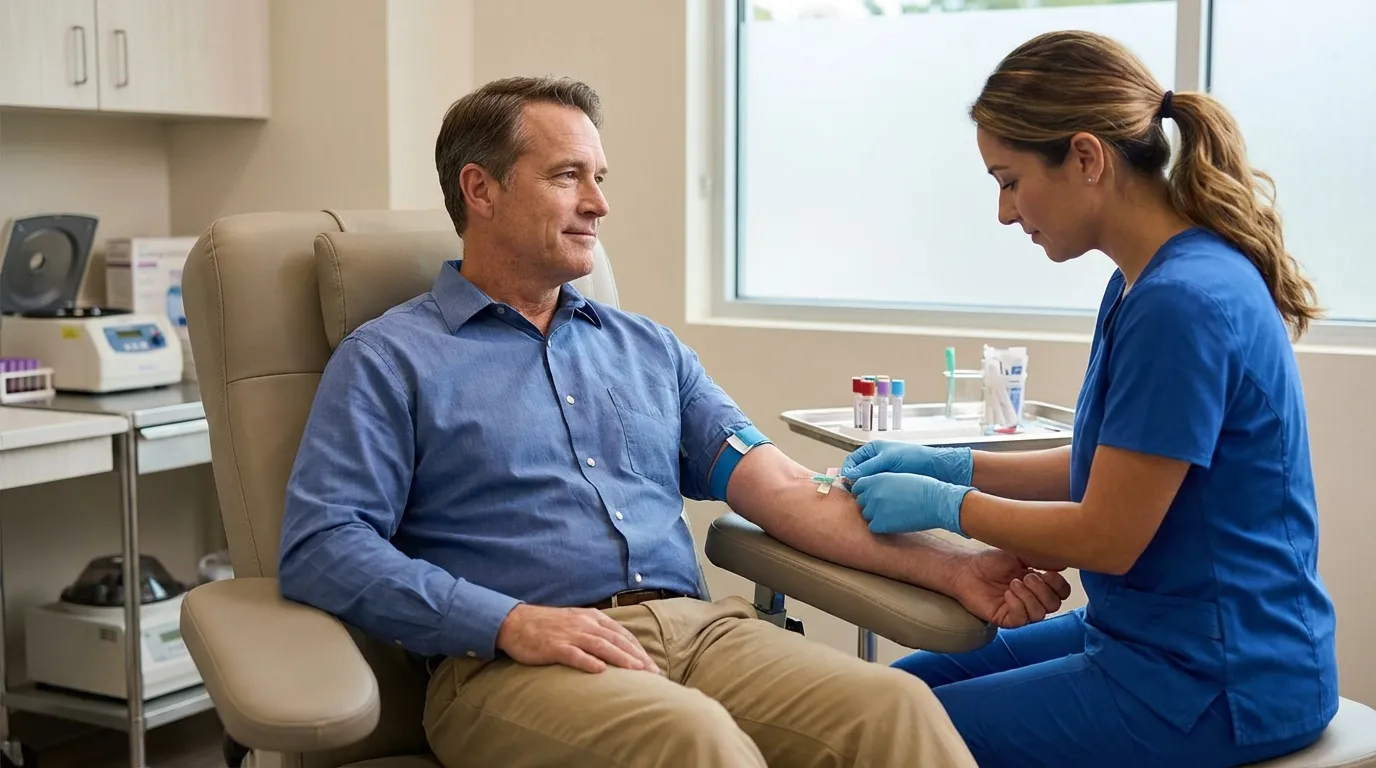 A man receives a blood draw from a nurse in a clinical setting, an essential step for men managing testosterone replacement therapy.