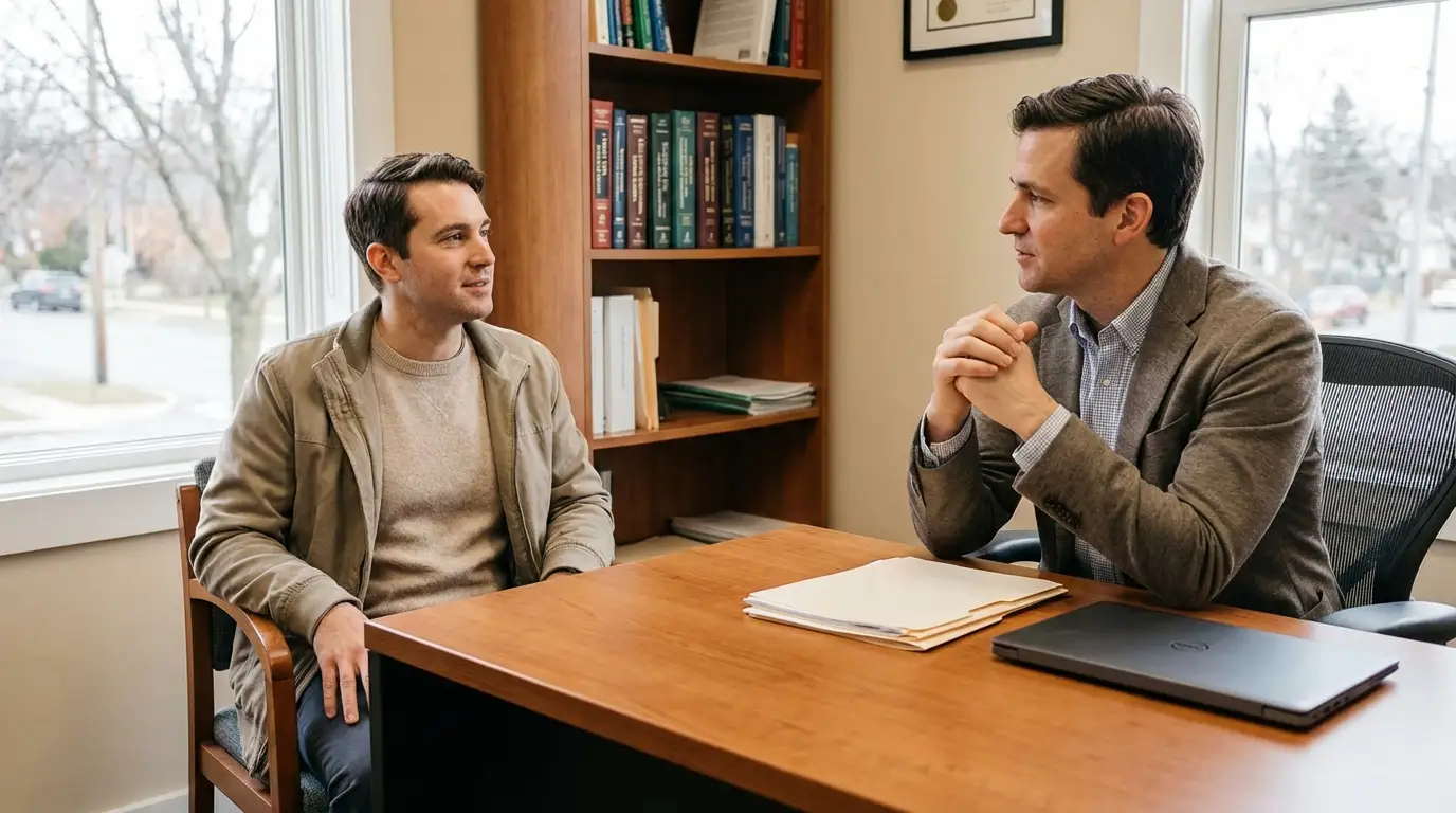 Two men having a focused discussion in an office, a common setting for men to learn about testosterone replacement therapy.