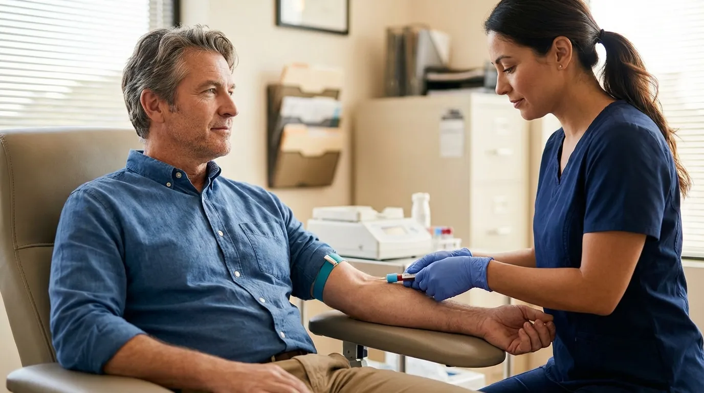 A calm man has his blood drawn by a nurse in a clinical setting, a common step in exploring testosterone replacement therapy.