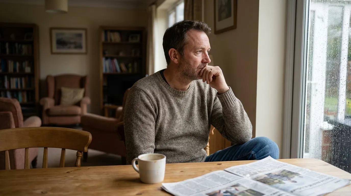 A pensive man at a wooden table gazes out a rainy window, contemplating symptoms often addressed by testosterone therapy.
