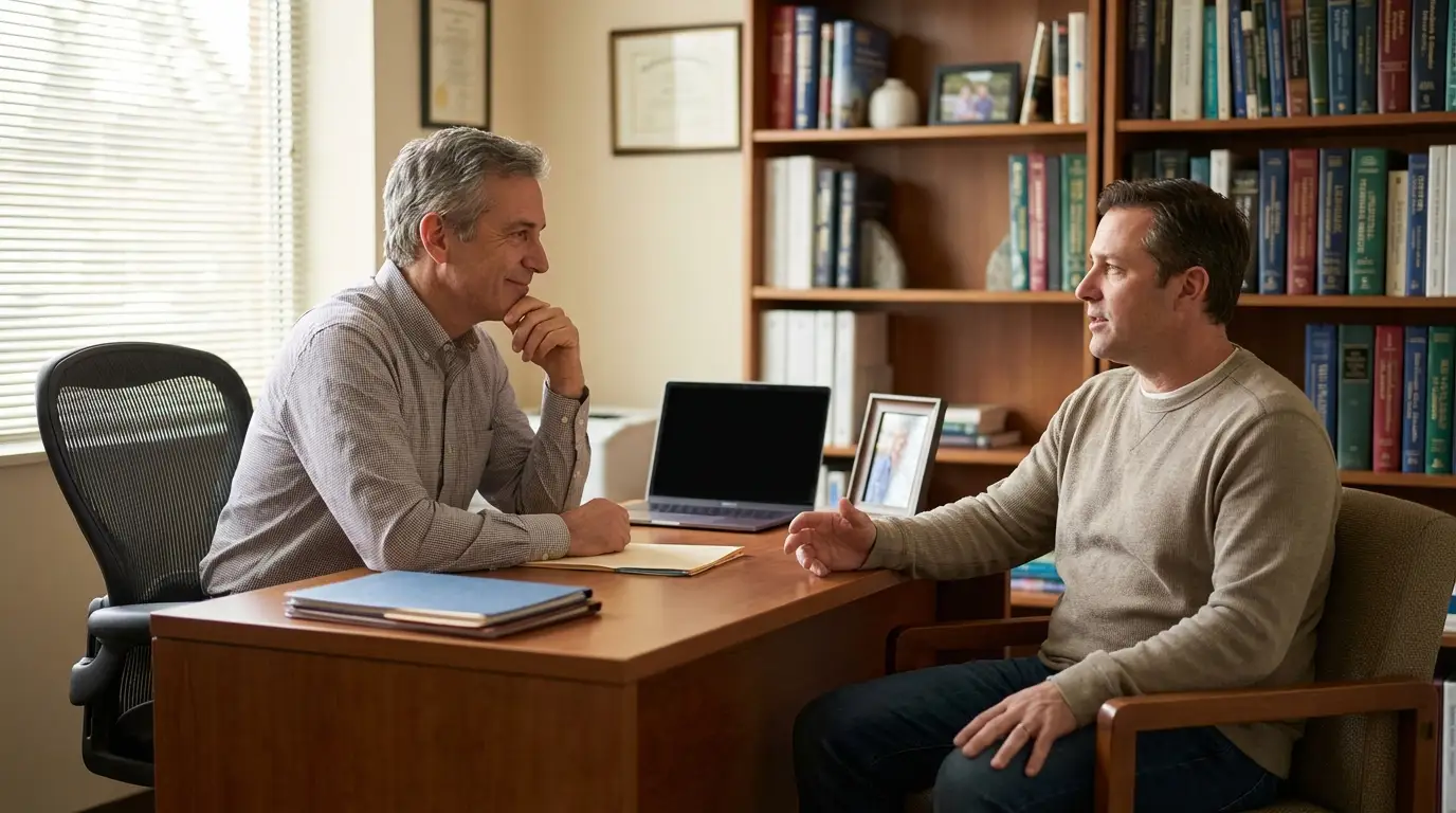 Two men in a professional office discuss treatment, exploring how testosterone replacement therapy can improve their well-being.