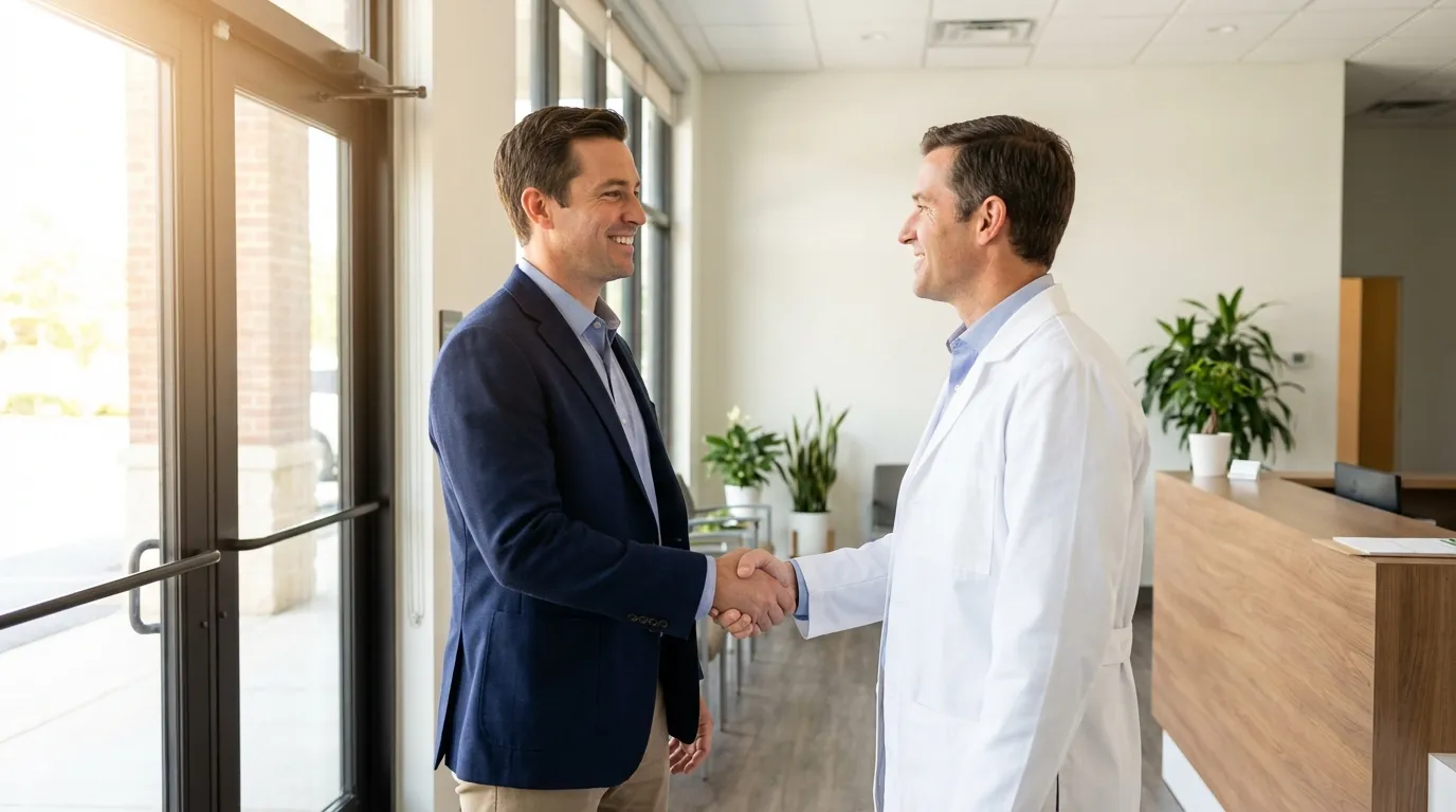 A doctor in a lab coat shakes hands with a man at a clinic, a positive step for men beginning TRT.