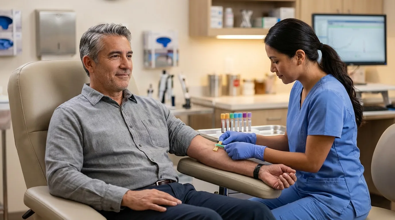 A calm man sits in a clinic chair as a nurse performs a blood draw, often a preliminary step for testosterone replacement therapy.
