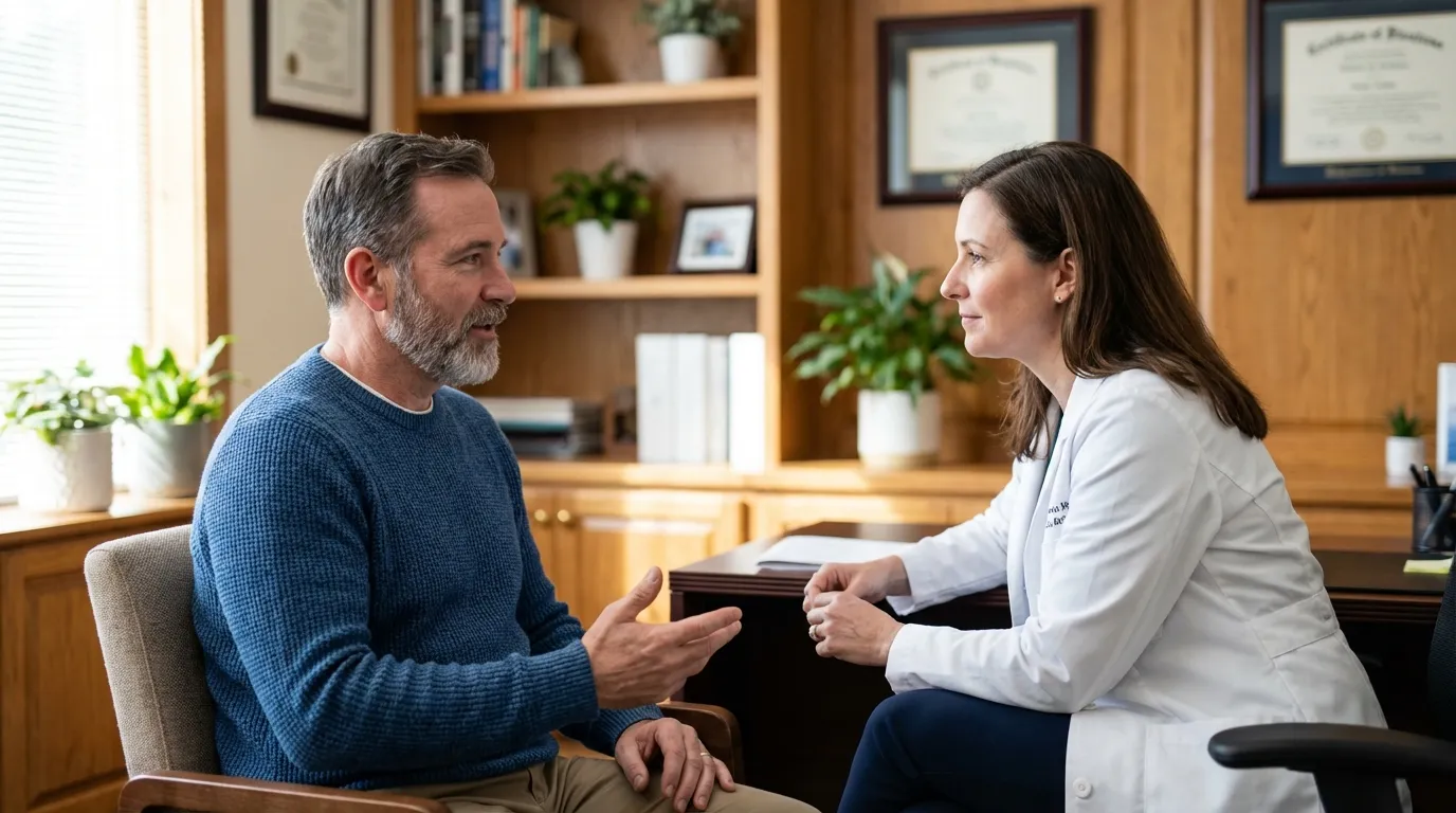 A bearded man in a blue sweater speaks with a female doctor in an inviting office about the benefits of testosterone therapy.