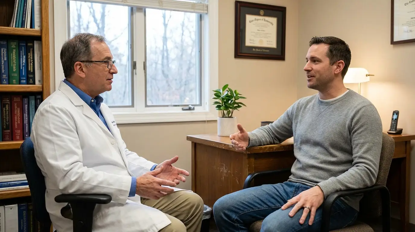 A doctor sits across from a man in a clinic, thoroughly explaining the process and benefits of testosterone replacement therapy.