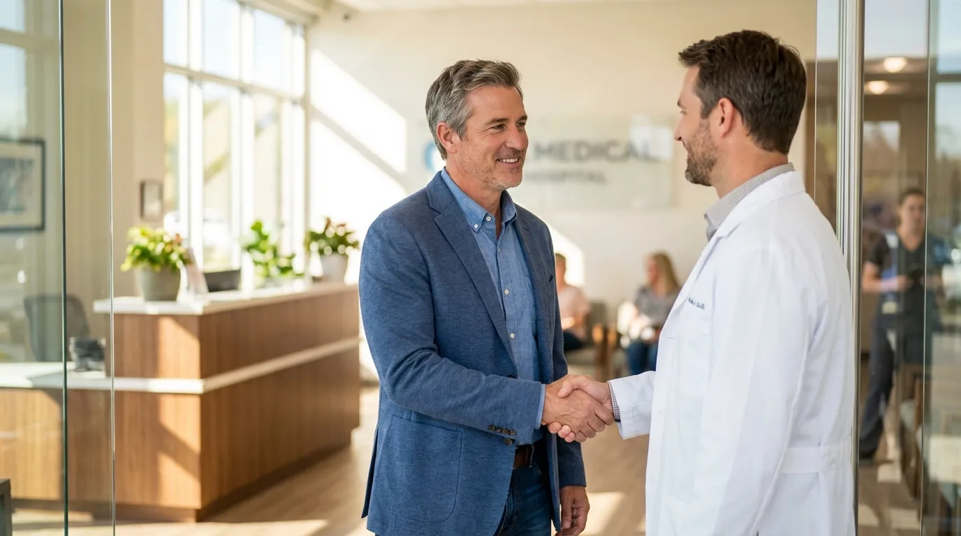 A smiling doctor in a white coat shakes hands with a man in a blue blazer, a reassuring start for men seeking testosterone replacement therapy.
