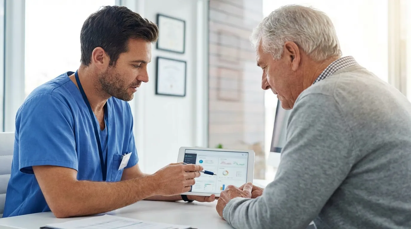 A medical professional shows a senior man data on a tablet, helping him understand his progress with testosterone replacement therapy.