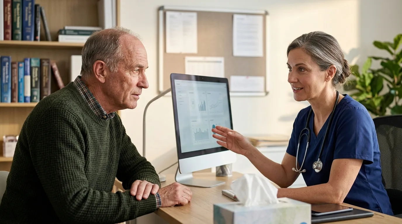 A doctor in blue scrubs reviews charts on a computer screen with an older man, explaining how testosterone therapy supports his health.