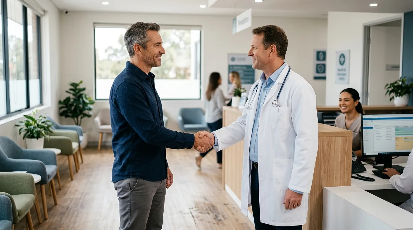 A smiling doctor shakes hands with a man in a clinic, representing the positive beginning many men find with TRT.