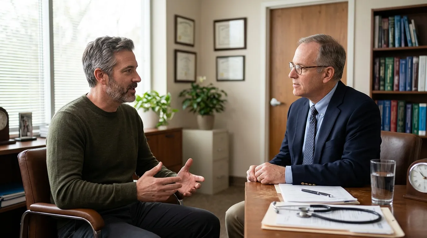 A man discusses his health with a doctor in an office, considering testosterone replacement therapy to regain his vitality.