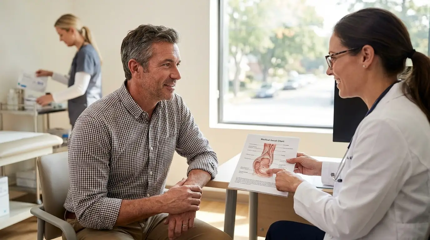 Middle-aged man discussing health symptoms with doctor in clinical setting