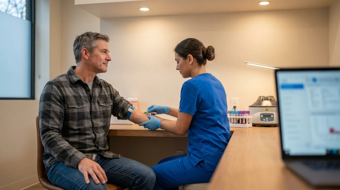 A mature man calmly has blood drawn by a nurse in a bright clinic, often an essential step for men exploring testosterone replacement therapy.