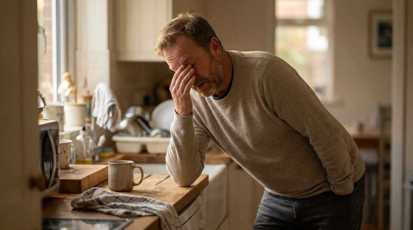 A man rubs his tired eyes while leaning on a kitchen counter, showing the exhaustion that often leads men to explore testosterone therapy.