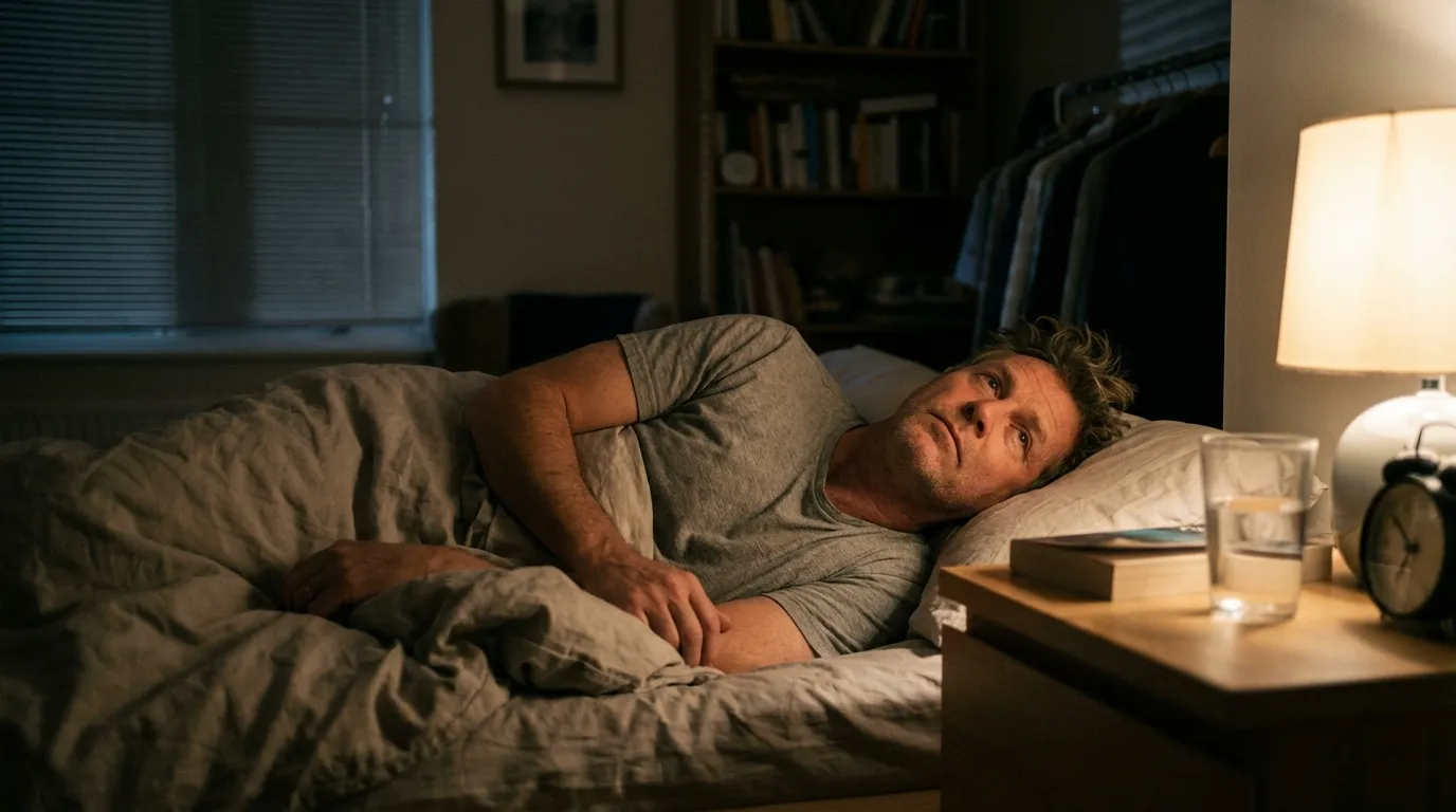 A man lies awake in his dimly lit bed, experiencing restless nights that often lead men to explore testosterone replacement therapy.