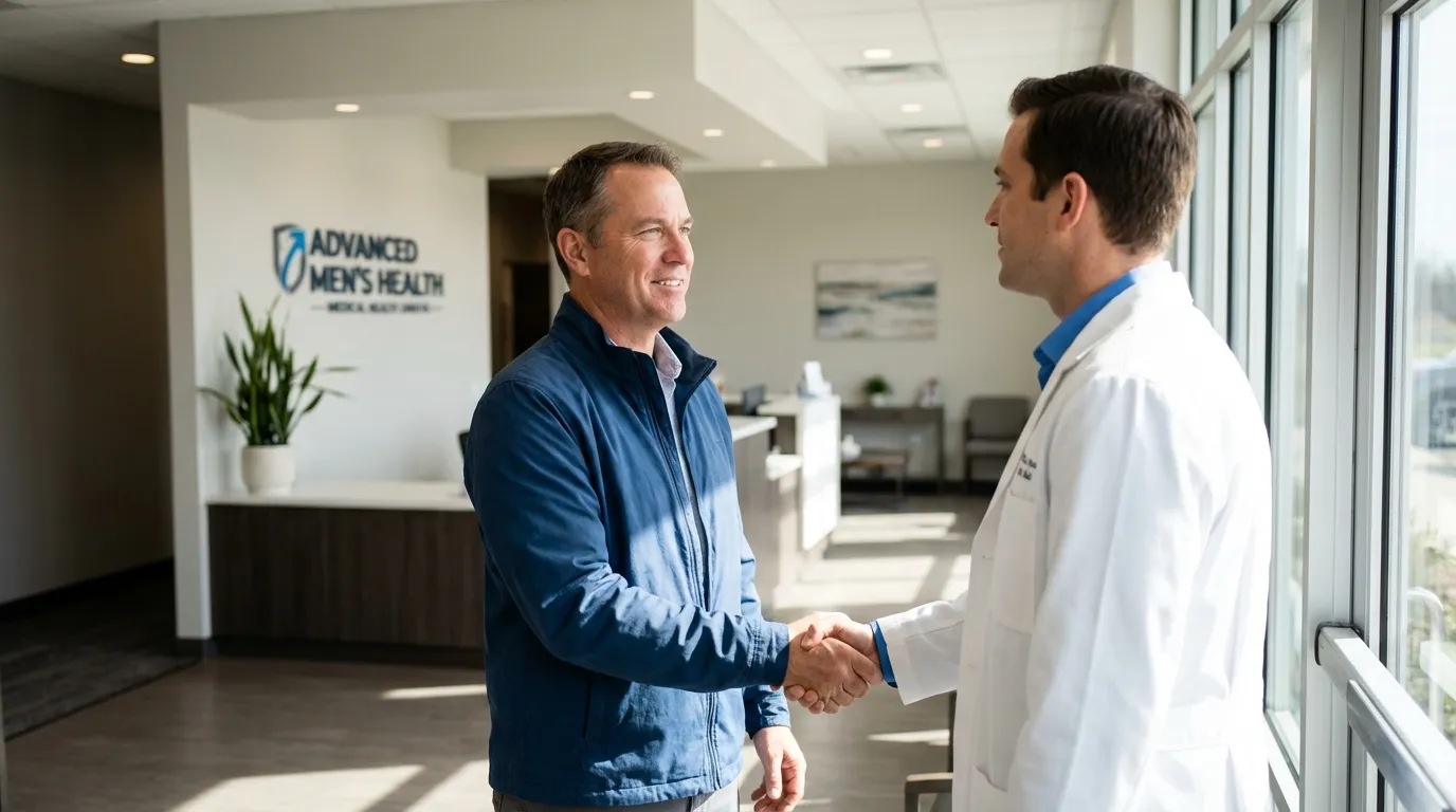 A smiling man shakes hands with a doctor in a modern clinic lobby, a positive step for his testosterone therapy journey.
