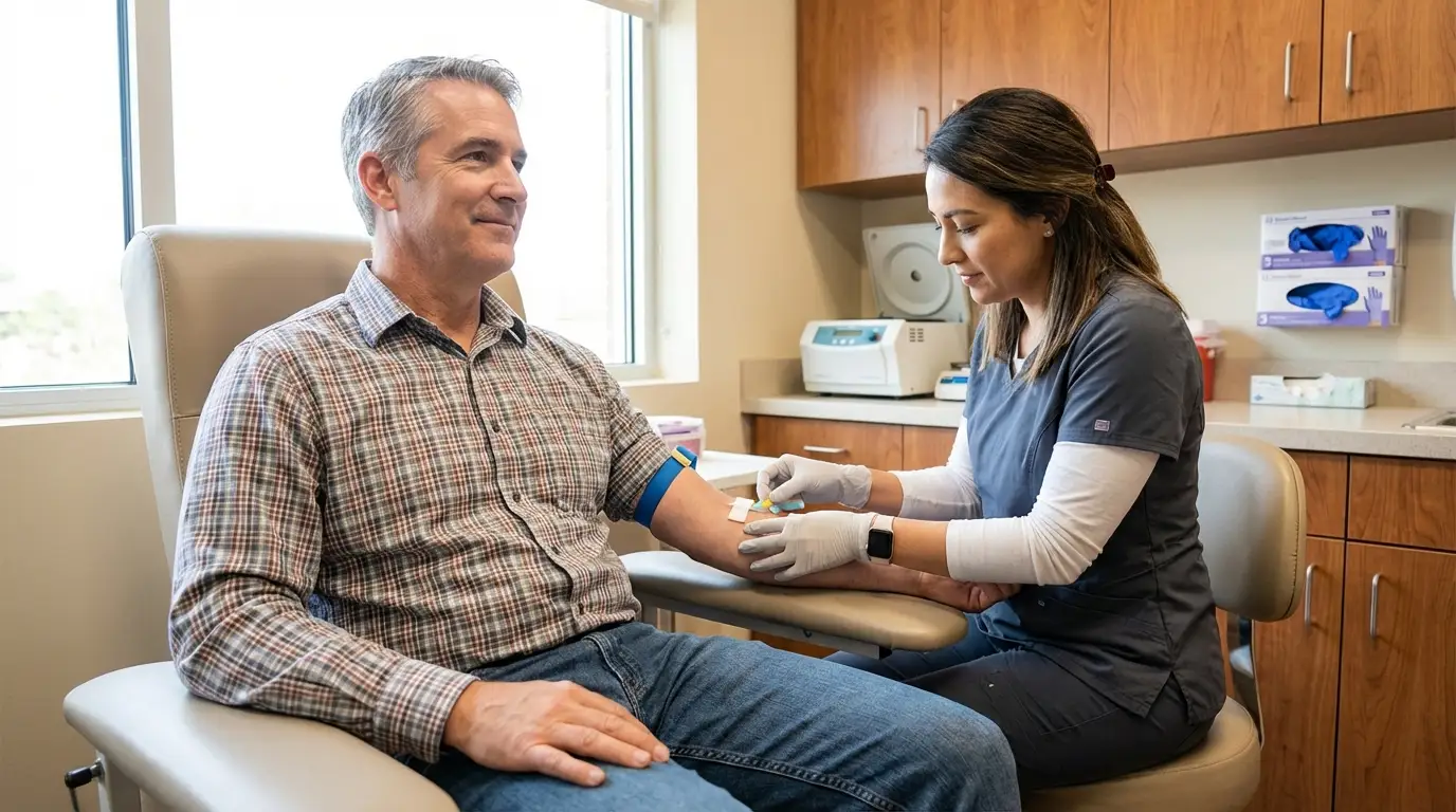 A smiling man sits relaxed as a nurse draws his blood in a modern clinic, a routine part of his testosterone replacement therapy.