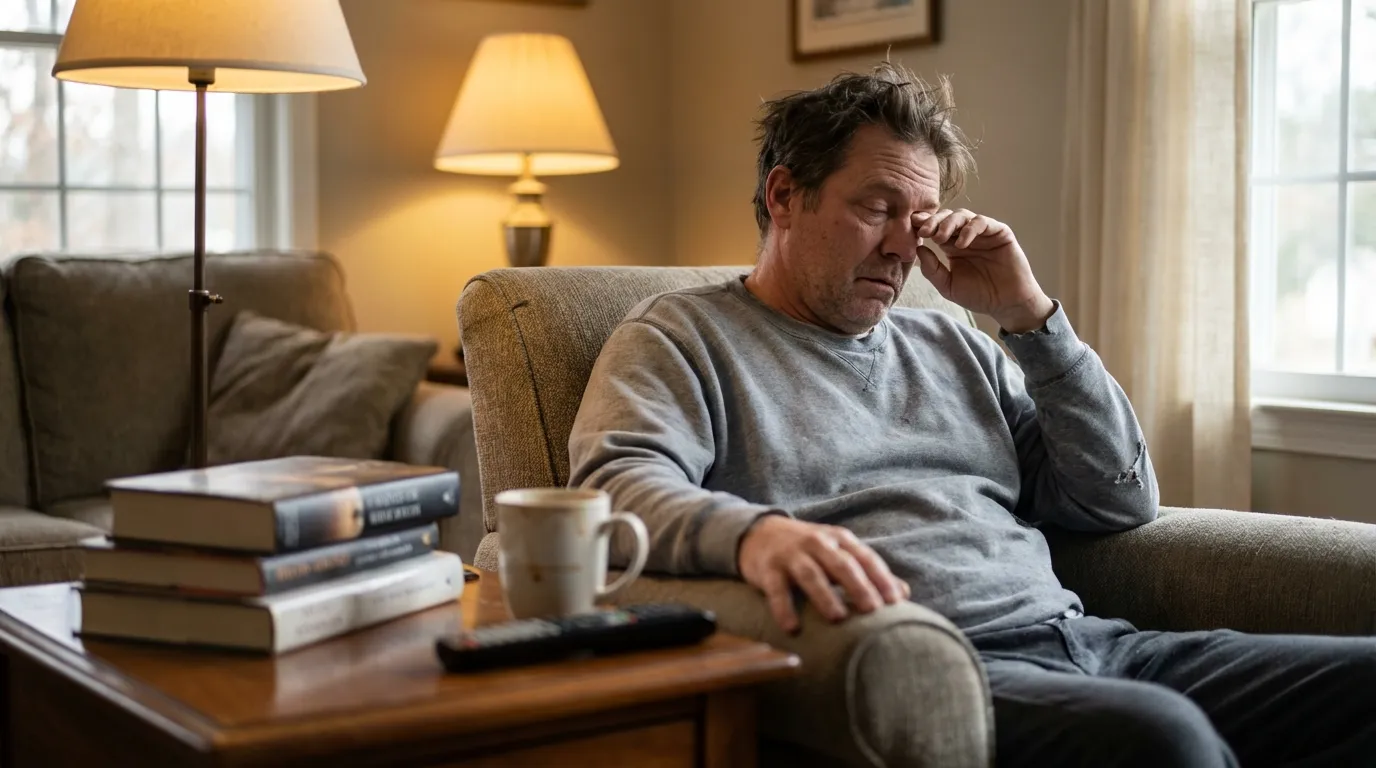 A weary man sits in an armchair, rubbing his eye, reflecting the fatigue that often leads men to explore testosterone therapy.