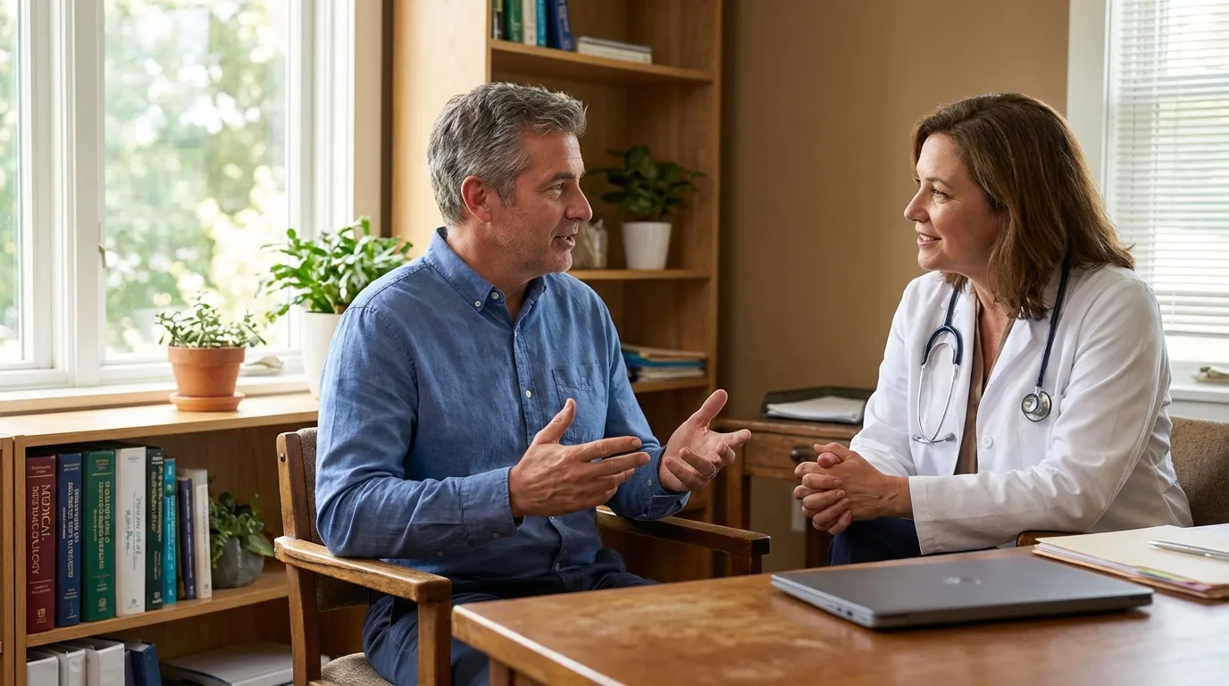 A man in a blue shirt actively discusses his health with a smiling female doctor, considering testosterone replacement therapy.