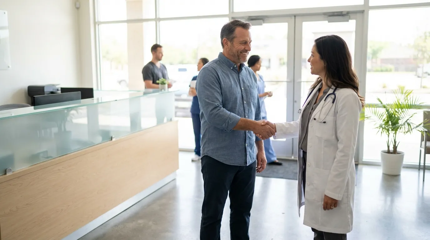 A smiling man shakes hands with his doctor in a modern clinic lobby, ready for a positive testosterone replacement therapy journey.