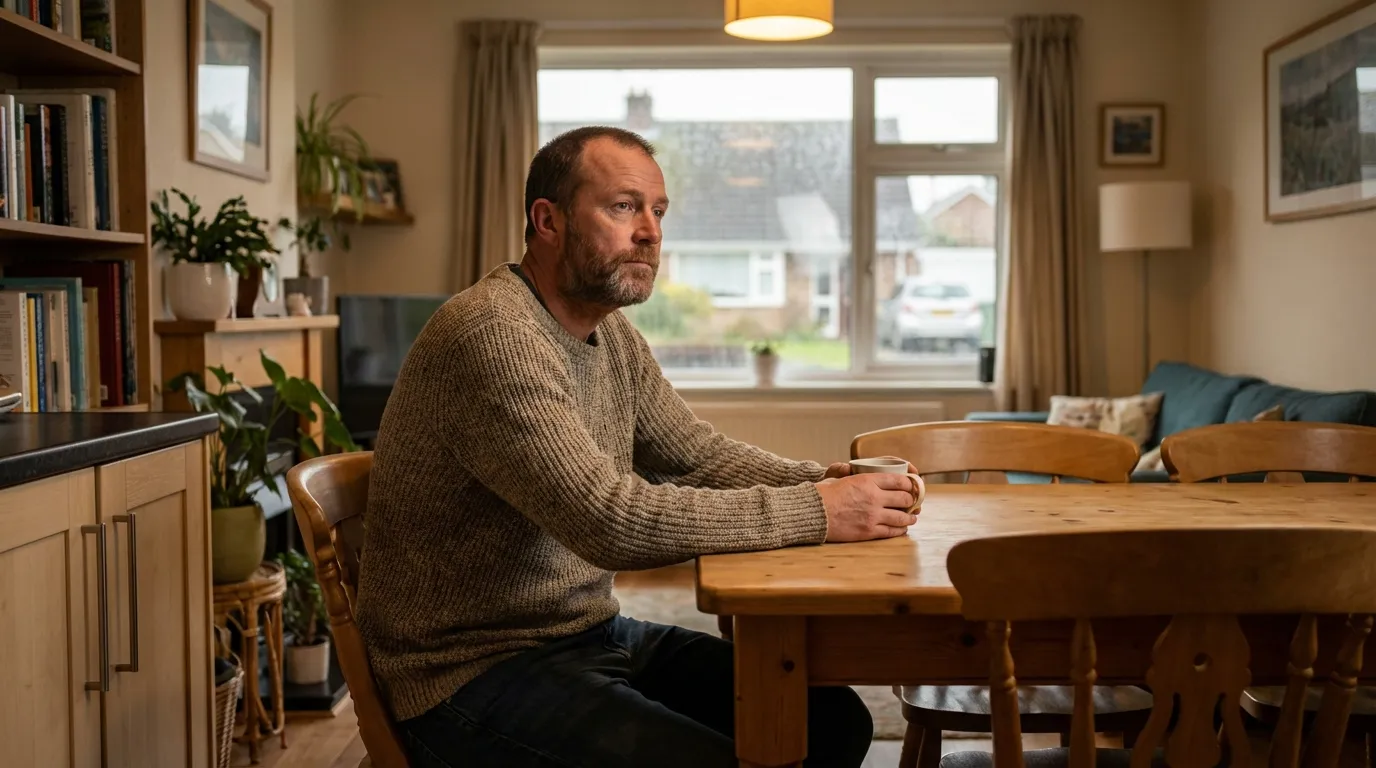 A pensive father with a beard sits at his kitchen table, a common scene for those considering testosterone therapy.