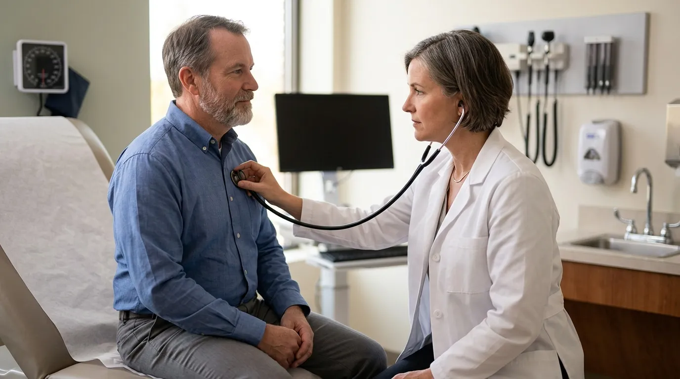 A doctor uses a stethoscope to listen to a man's chest during a medical check-up, often part of exploring testosterone therapy.