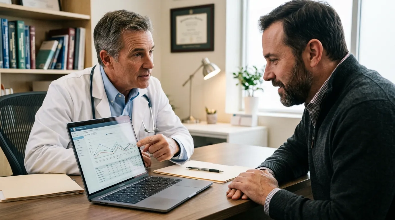 A doctor points to health data on a laptop screen, reviewing a man's positive progress with his testosterone therapy.