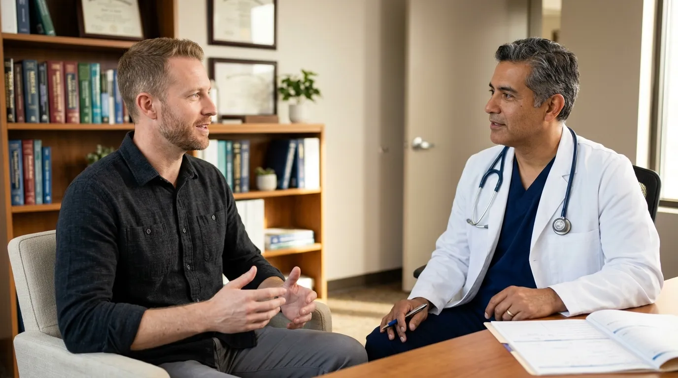 A doctor in a white coat listens attentively to a man discussing his health concerns, potentially exploring testosterone replacement therapy.