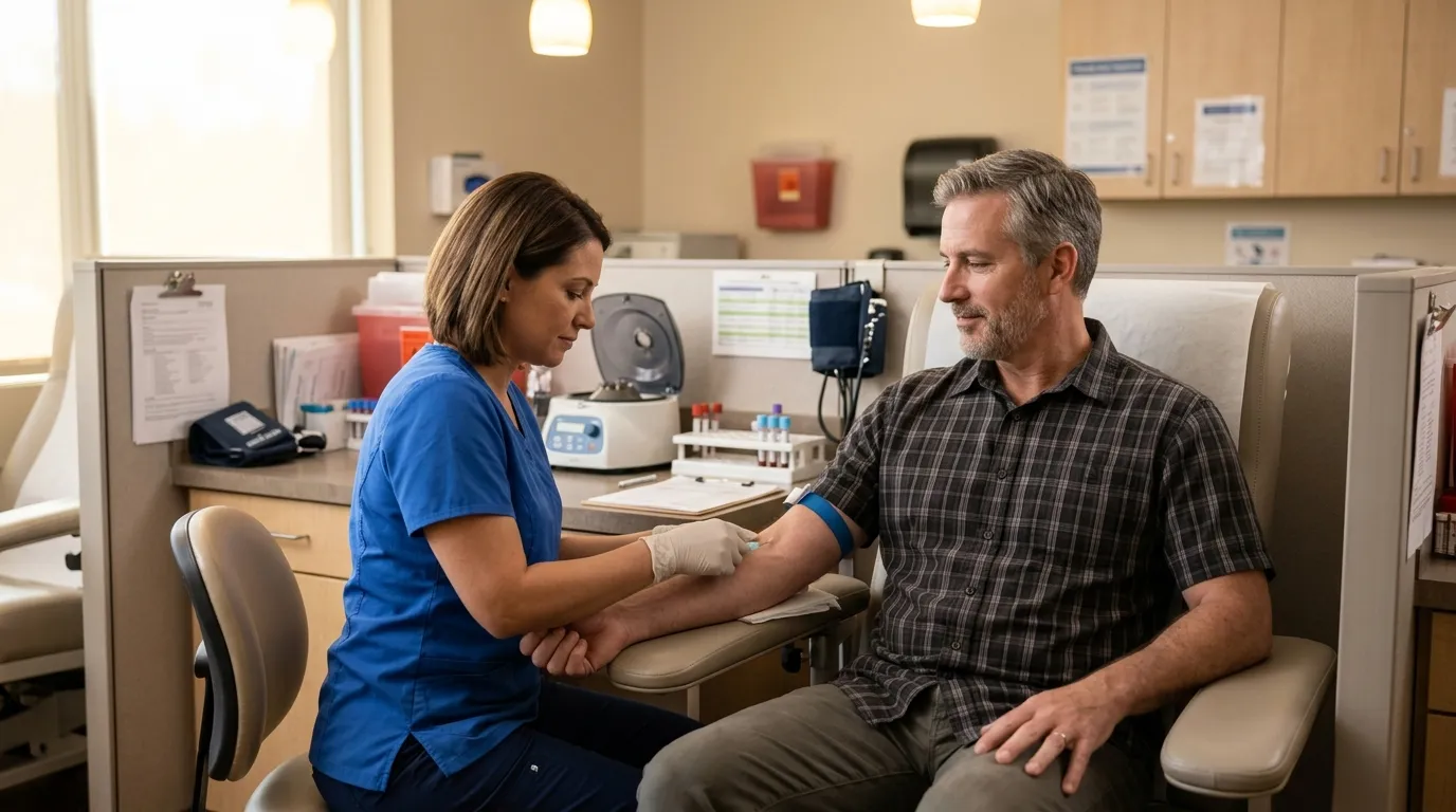 A friendly nurse performs a blood draw on a calm man in a clinic, a common first step in considering testosterone replacement therapy.