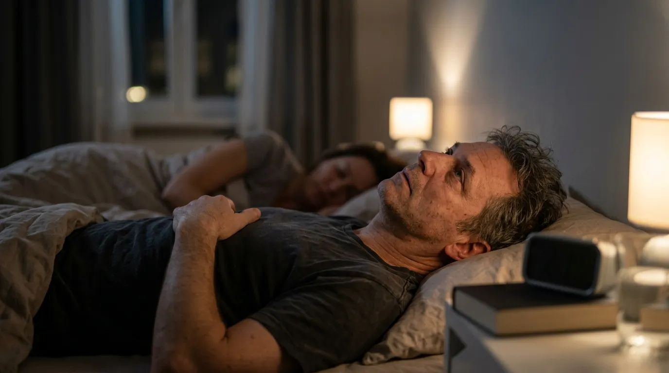 A troubled father lies awake in bed beside his sleeping wife, experiencing the restless nights that often lead men to explore TRT.