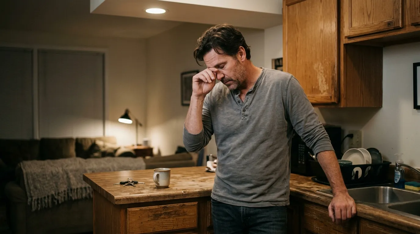 A man rubs his tired eye in a dim kitchen, showing the daily fatigue often prompting men to explore testosterone replacement therapy.