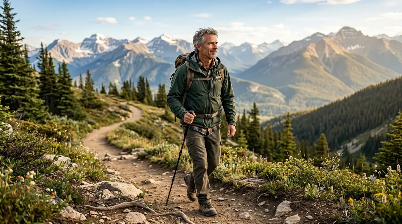 A vibrant man energized by testosterone therapy hikes a scenic mountain trail, smiling contentedly amidst majestic peaks and green trees.