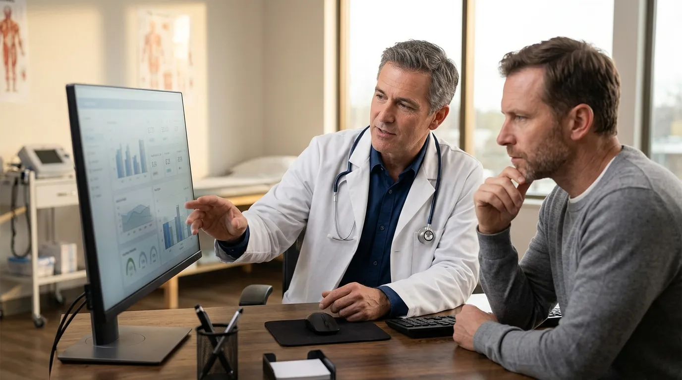 A doctor reviews health data on a screen with a man, explaining how testosterone replacement therapy can restore mental clarity.