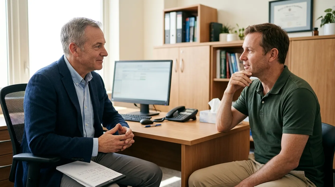 A doctor attentively listens to a man during a consultation, highlighting the supportive environment of testosterone therapy.