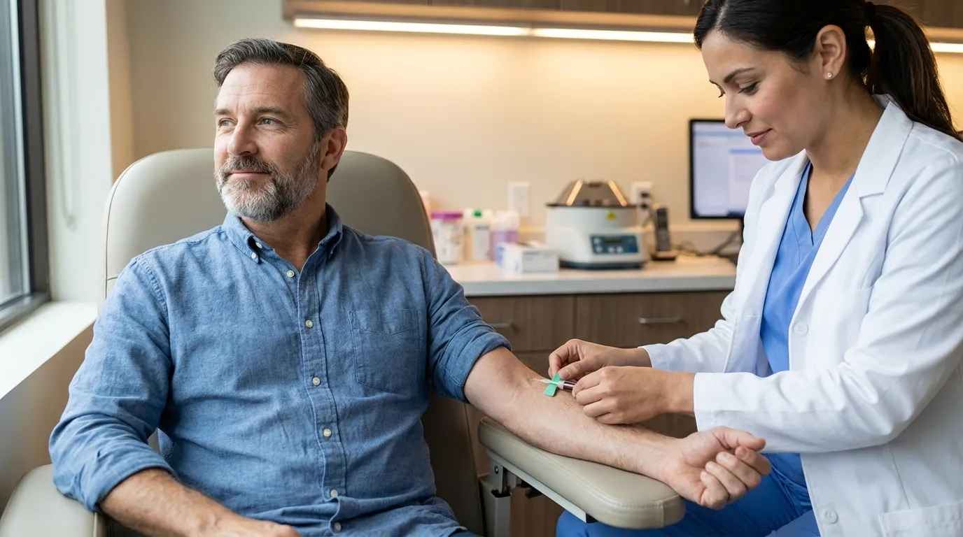 A calm man in a medical chair looks out a window while a nurse draws his blood, often part of exploring testosterone therapy.