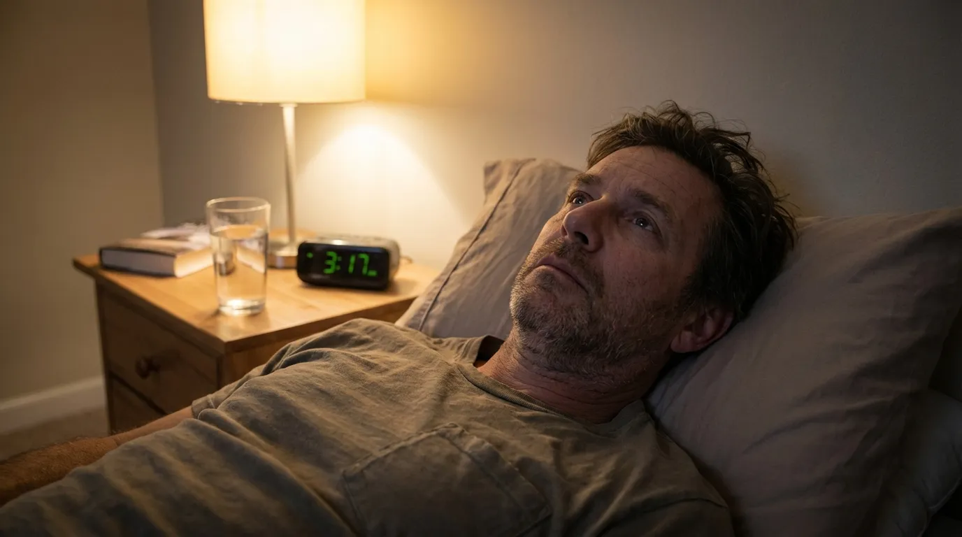 A man lies awake in bed at 3:17 AM, experiencing the restless sleep and fatigue that often prompts men to explore testosterone therapy.