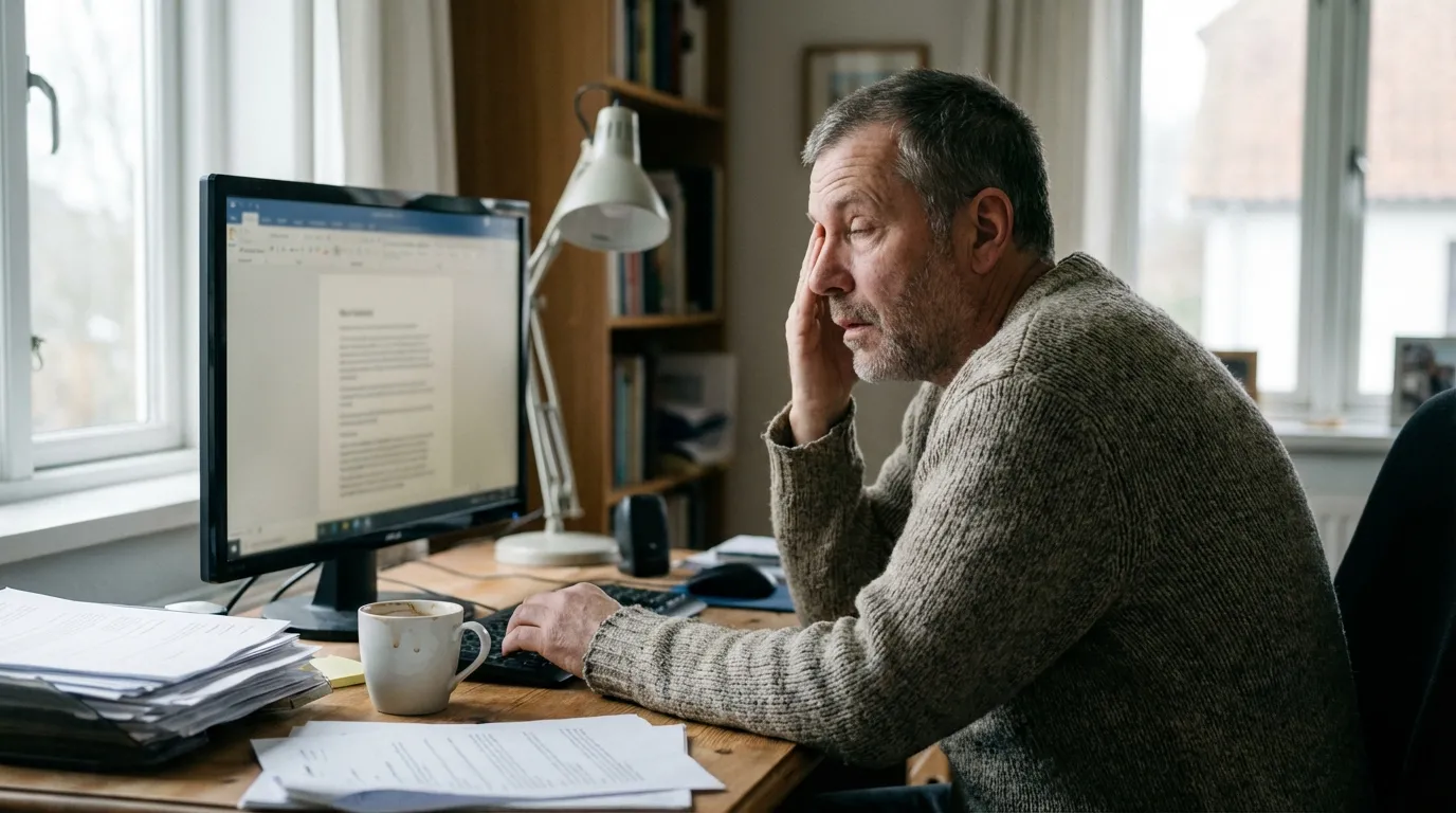 A weary father rubs his temple at his cluttered desk, demonstrating the mental exhaustion many men experience before benefiting from TRT.
