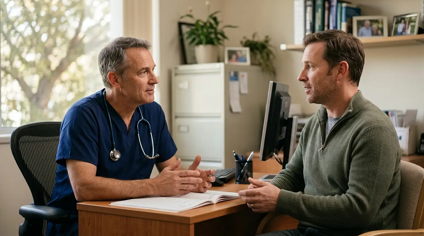 A male doctor consults with a patient in an office, a thoughtful discussion as men explore options like testosterone therapy.