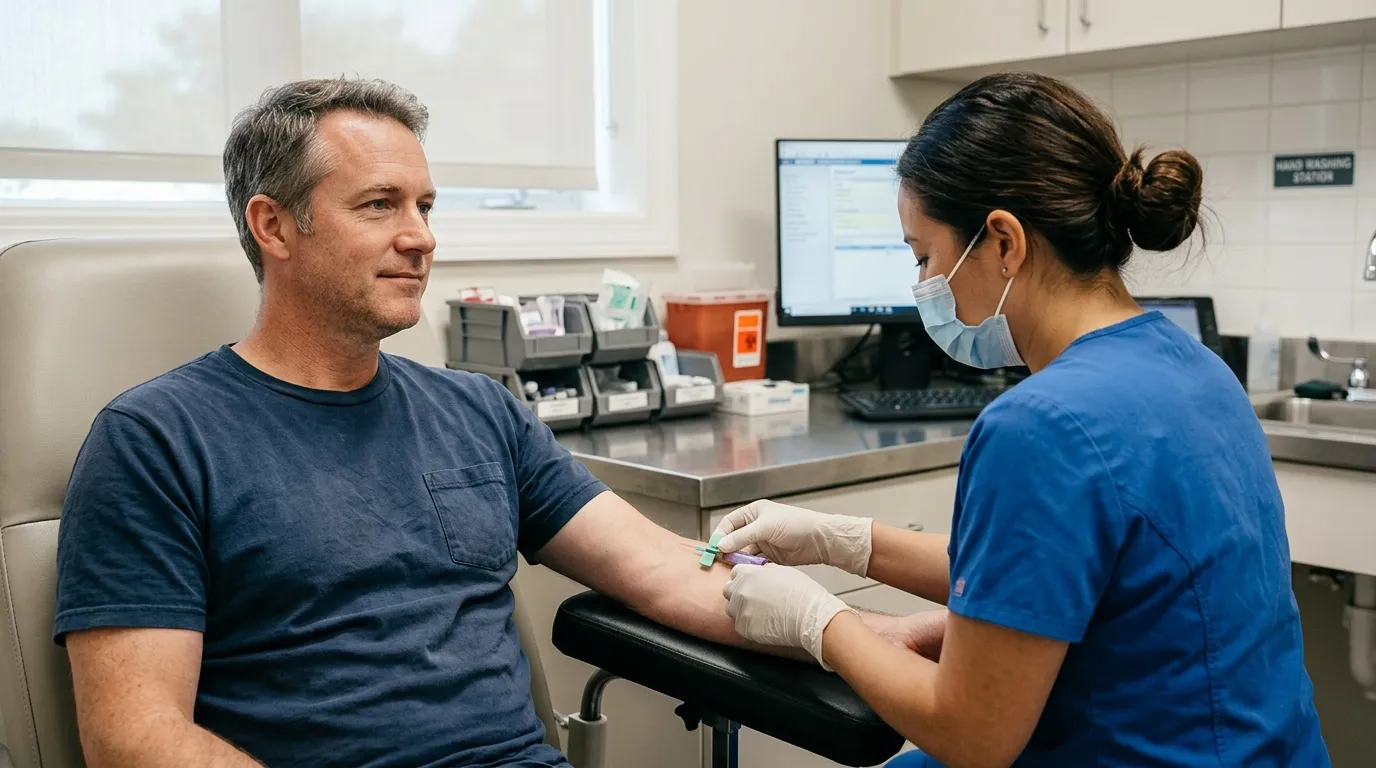 A calm man sits in a clinic while a nurse in blue scrubs gently draws blood from his arm, a crucial step for many men exploring testosterone therapy.
