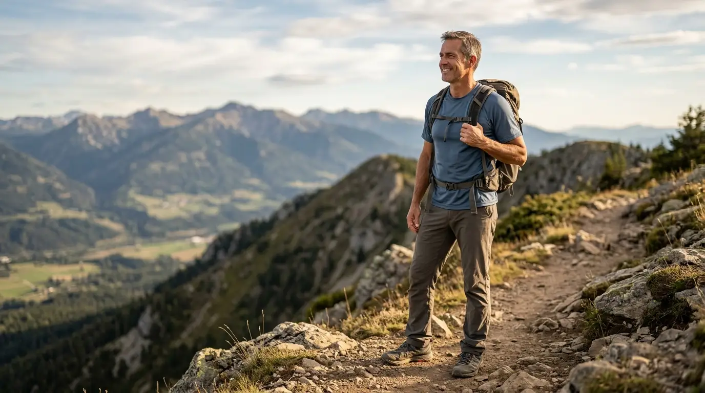 A vibrant man with a backpack smiles while hiking a mountain trail at sunset, enjoying the renewed vigor testosterone replacement therapy provides.