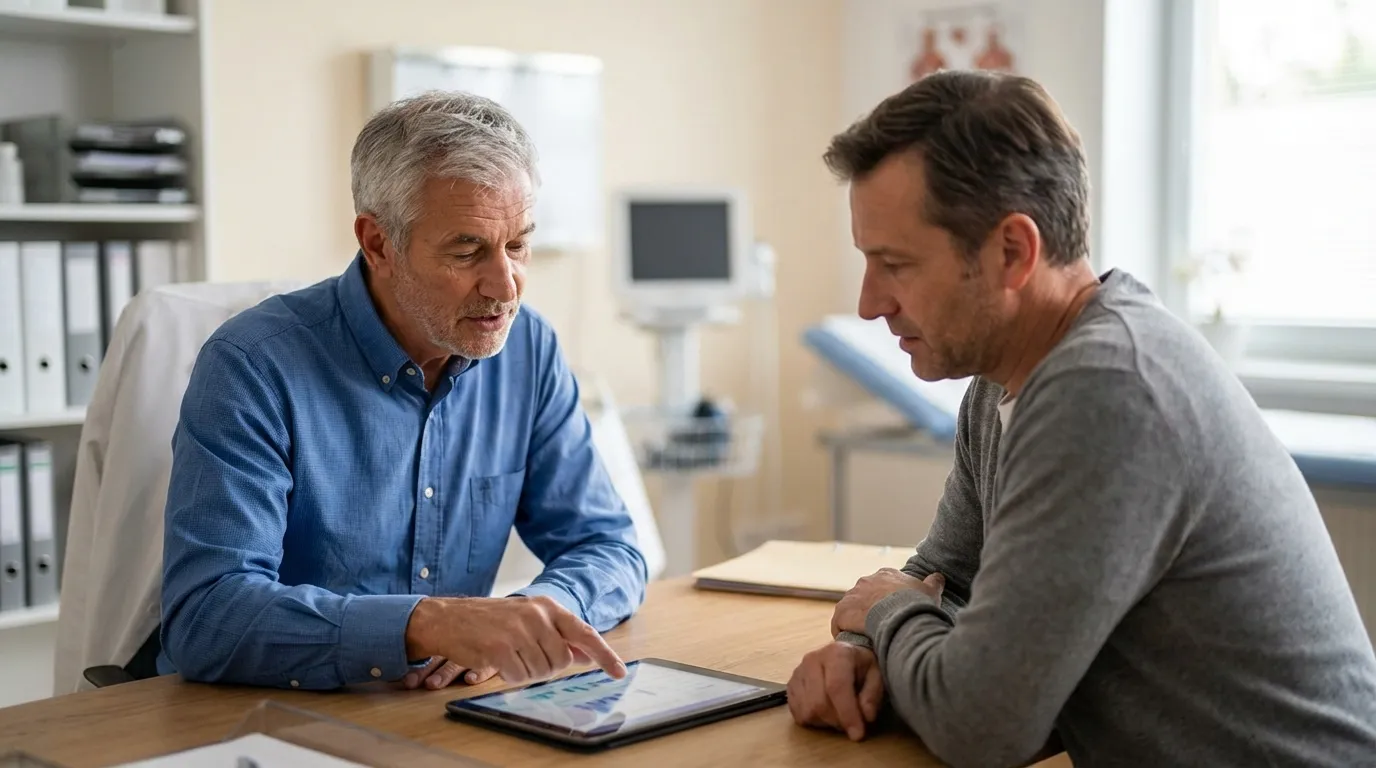 A doctor reviews lab results on a tablet with a man, guiding his health journey with testosterone therapy.