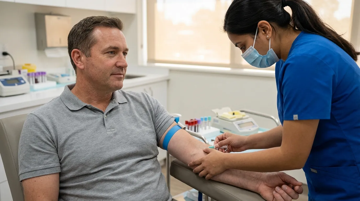 A father receives a blood draw from a nurse in a clinic, a common first step for men considering testosterone therapy.
