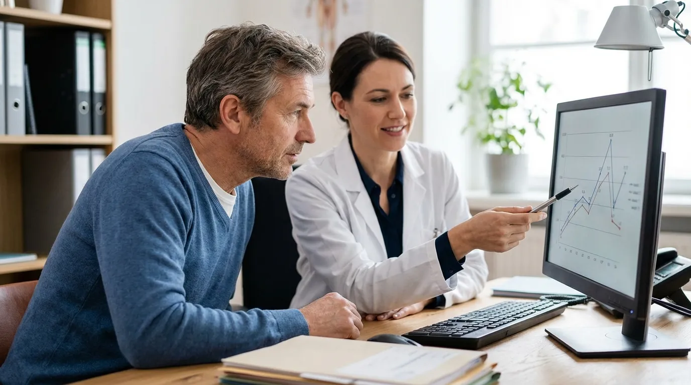 A female doctor points to a progress chart on a computer screen for a male patient, showing the positive outcomes many men experience with testosterone therapy.