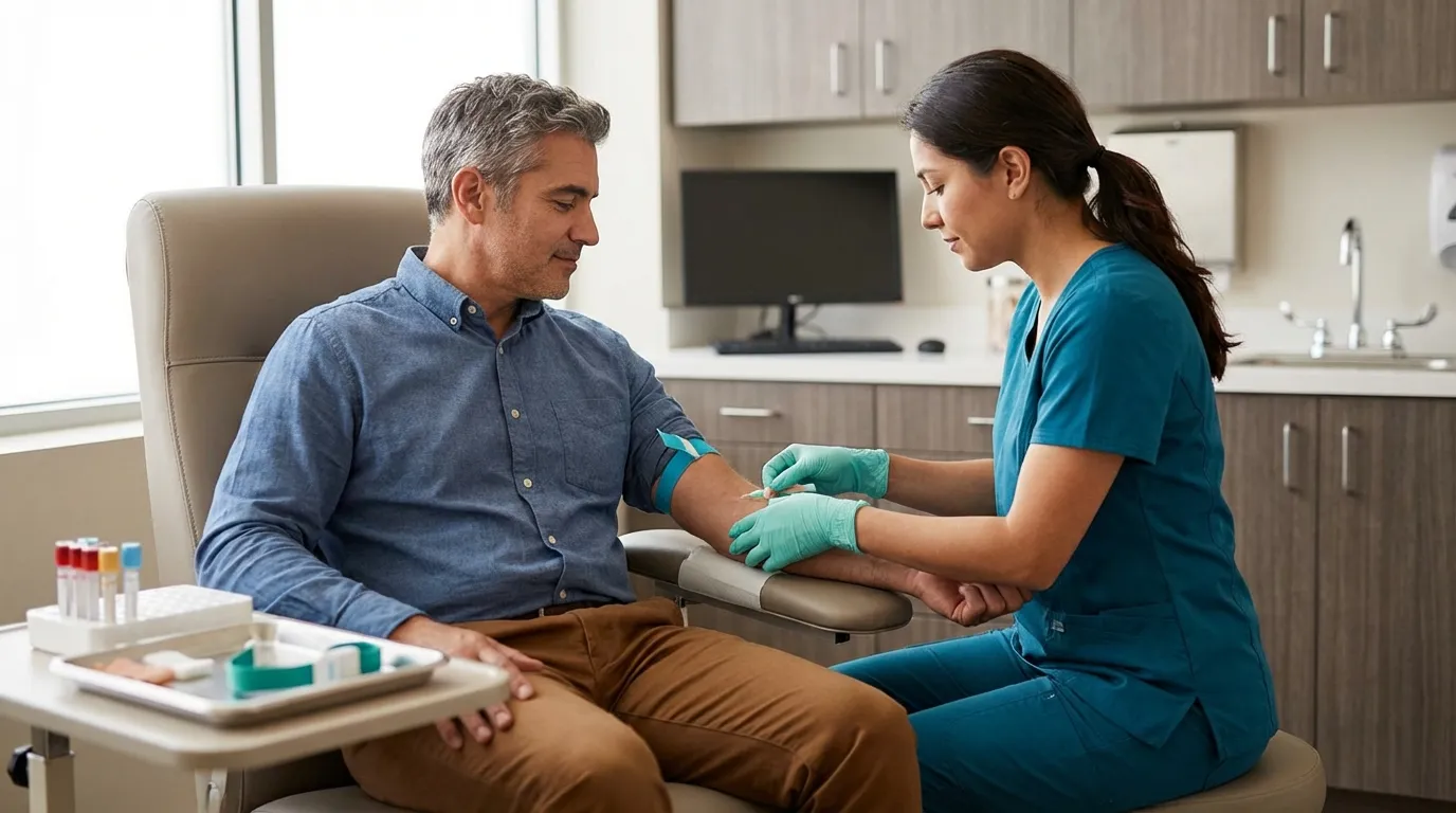 A middle-aged man calmly receives a blood draw from a nurse in a clinic, a common step in starting testosterone therapy.