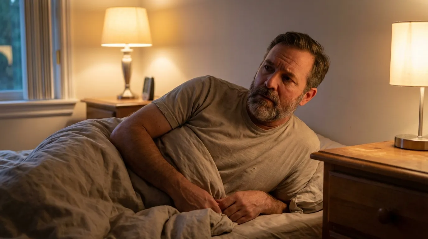 A pensive middle-aged man lies awake in bed, experiencing the low energy that often leads men to explore testosterone therapy.