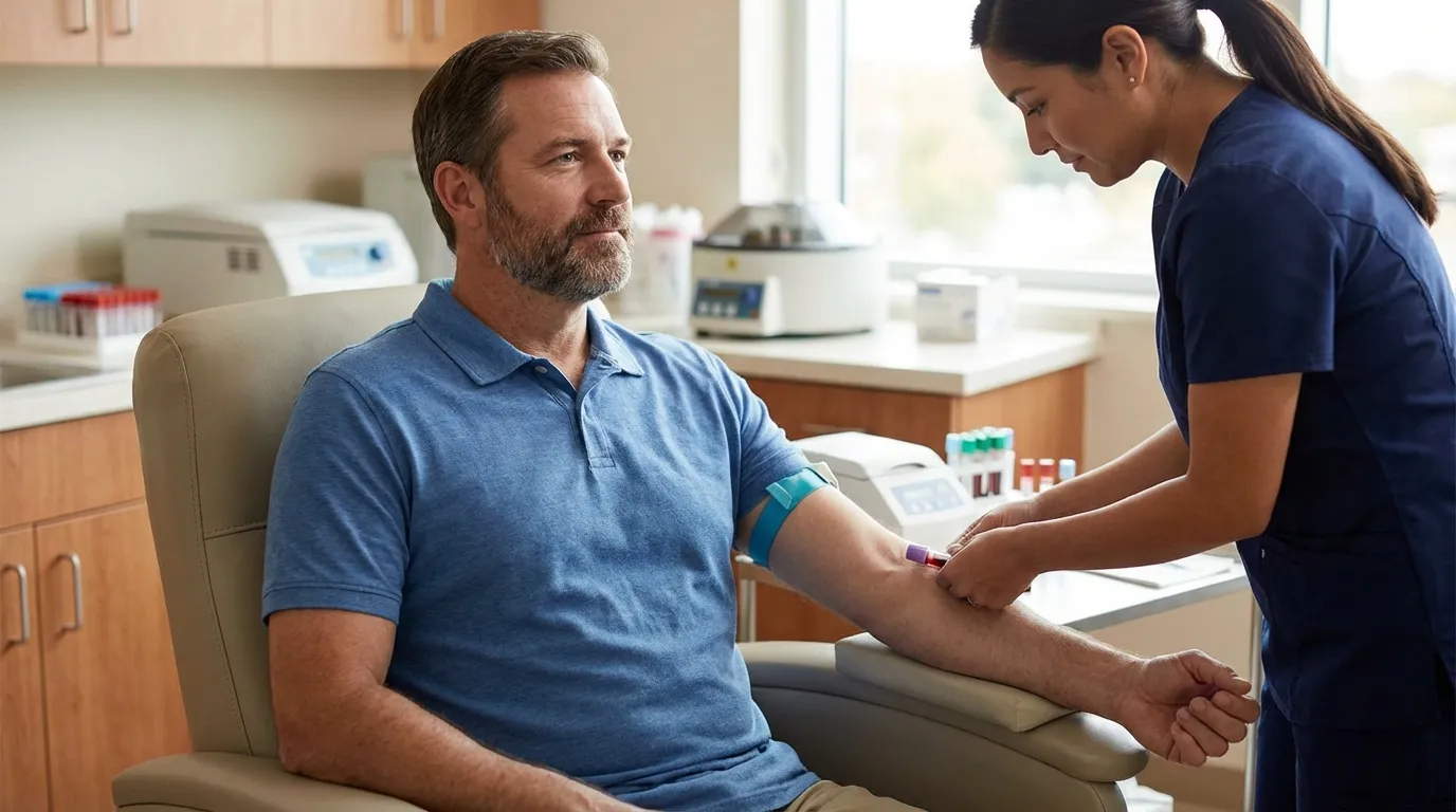 A calm adult man having blood drawn by a nurse in a bright medical clinic, a routine step for monitoring testosterone therapy.