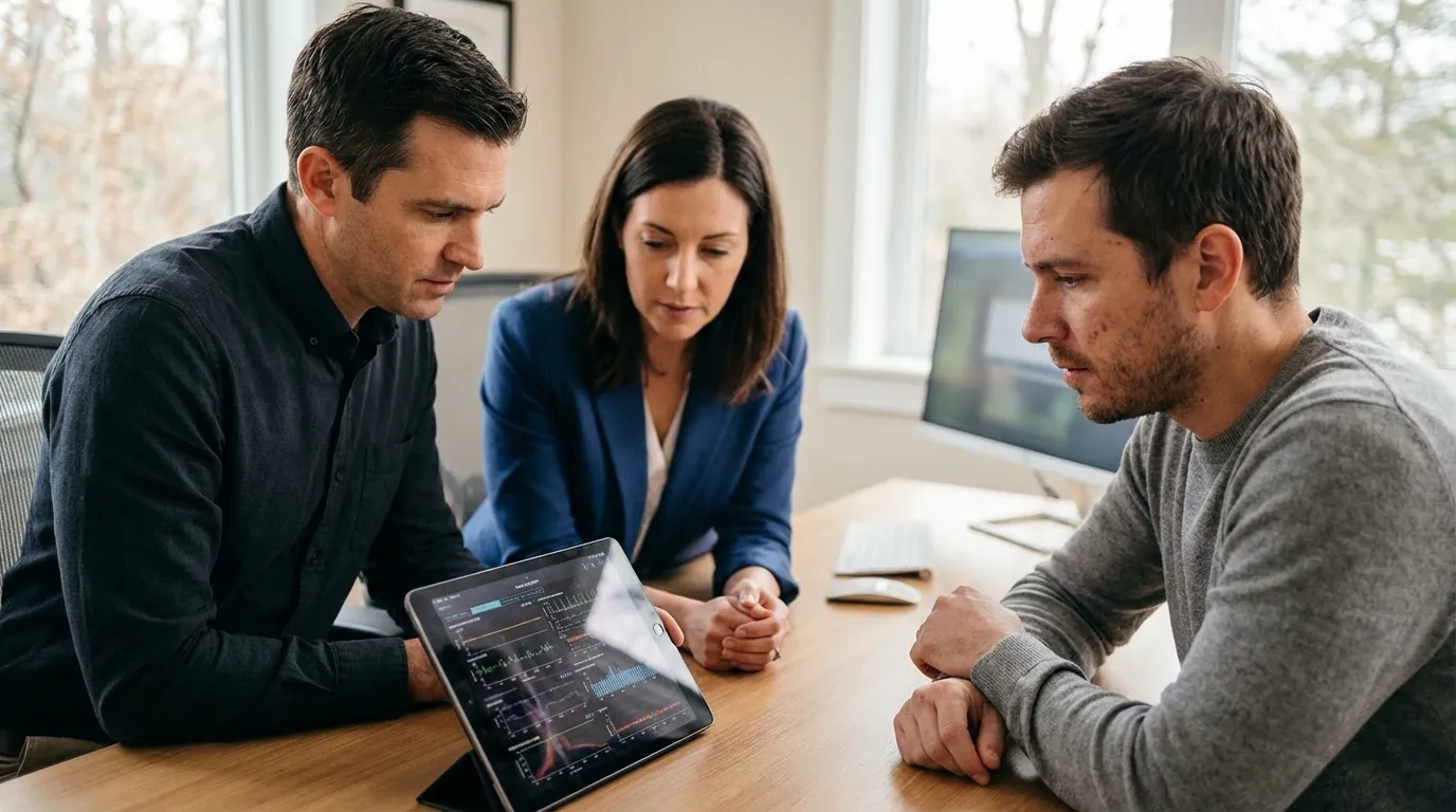 Three professionals carefully review data on a tablet, embodying the detailed analysis often seen with effective testosterone therapy.