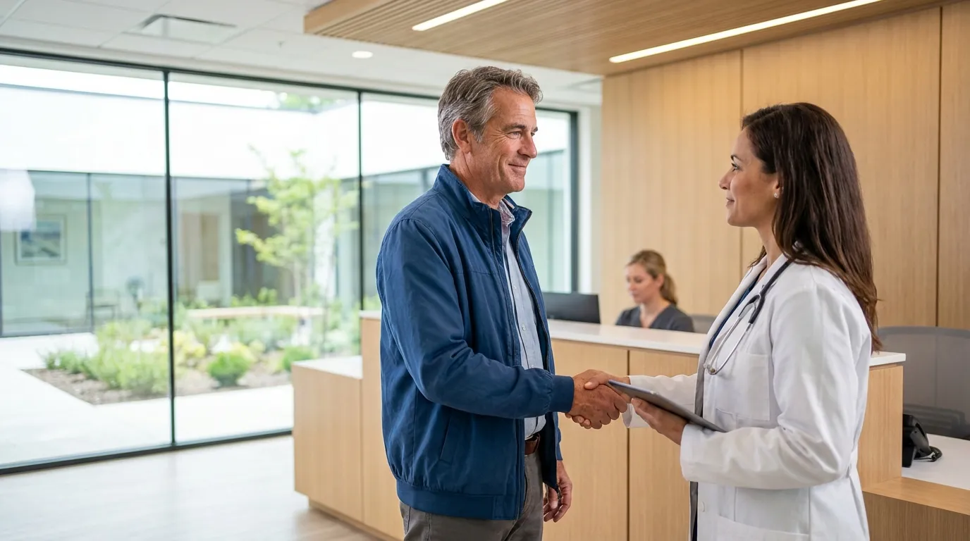 A smiling man shakes hands with a female doctor in a modern clinic, a welcoming step for men exploring testosterone replacement therapy.
